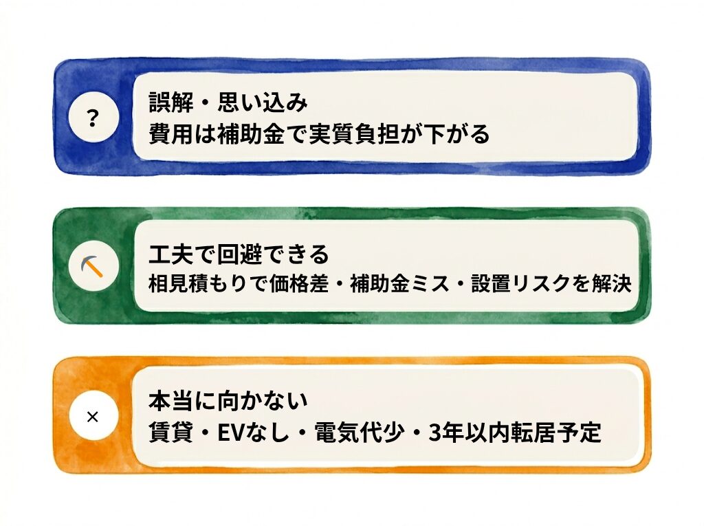 V2Hの懸念点を『誤解・工夫で回避・本当に向かない』の3層に分類した図