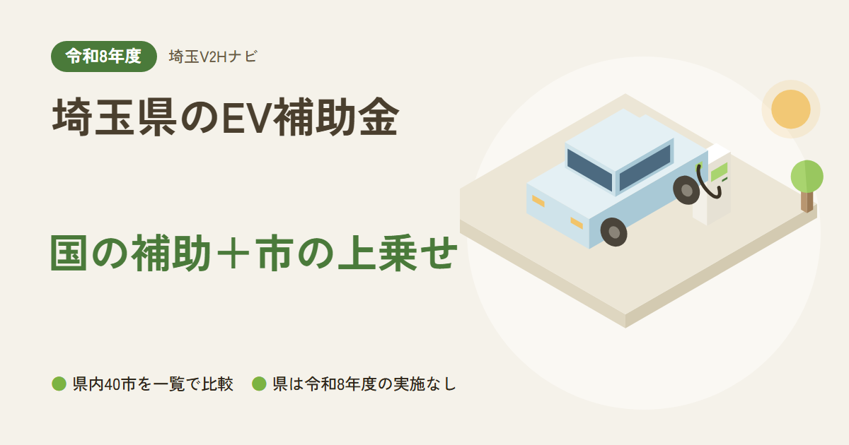埼玉県のEV補助金｜国の補助＋市の上乗せ（県内40市を一覧で比較・県は令和8年度の実施なし）