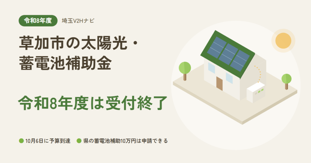 草加市の太陽光・蓄電池補助金｜令和8年度は受付終了（10月6日に予算到達・県の蓄電池補助10万円は申請できる）